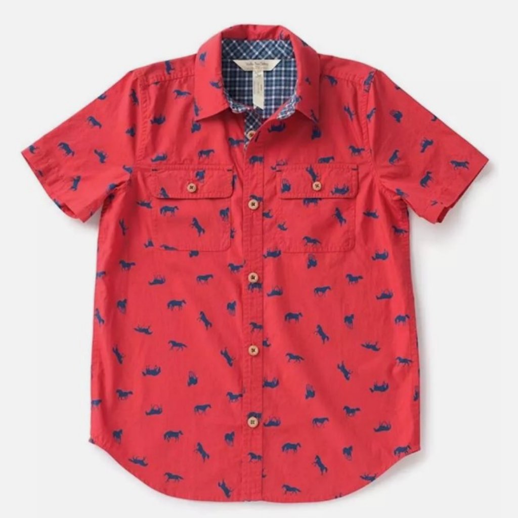 Matilda Jane Horsing Around Red Cotton Short Sleeve Button Down Nwt Men's Large